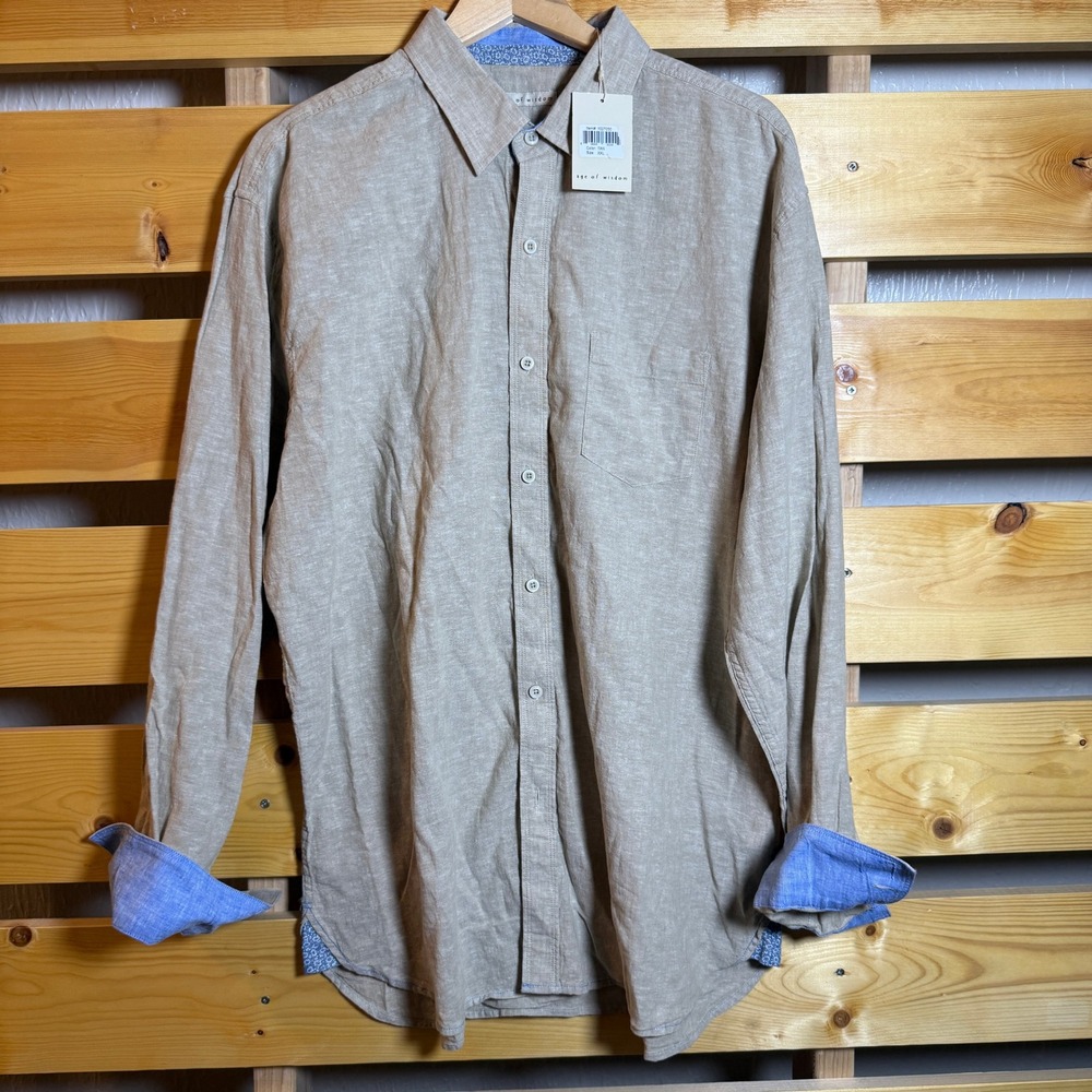 Age Of Wisdom Linen Cotton Shirt Mens XXL Tan Blue Long Sleeve Button Down